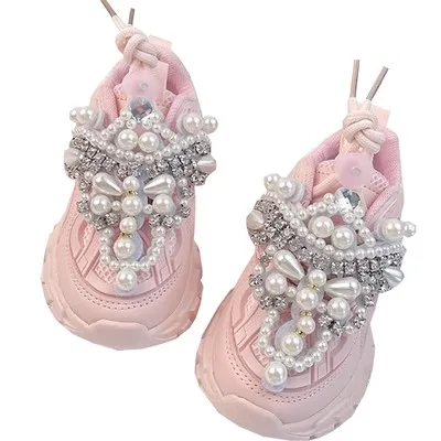 Princess Pink Pearls Spring/Autumn Children Shoes Crystal Toddler Girls Sneakers Mesh Breathable Fashion Casual Kids Shoes 26-38