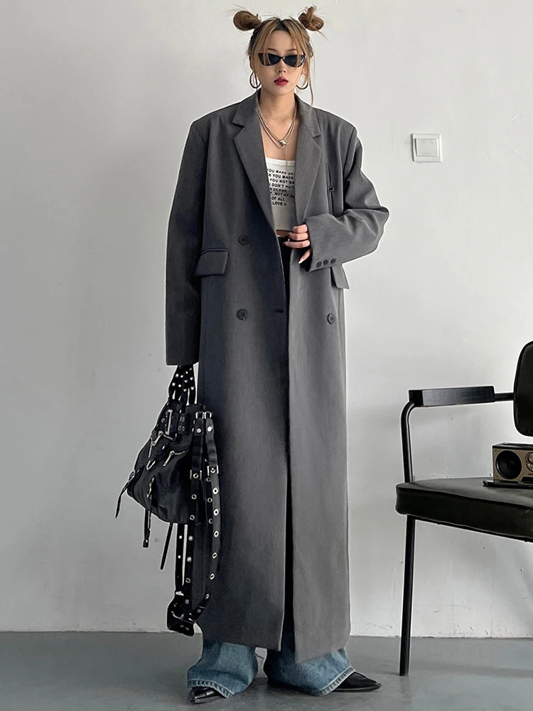 [EAM] Women Gray Brief Long Big Size Elegant Trench New Lapel Long Sleeve Windbreaker Fashion Tide Spring Autumn 2024 1DF8351