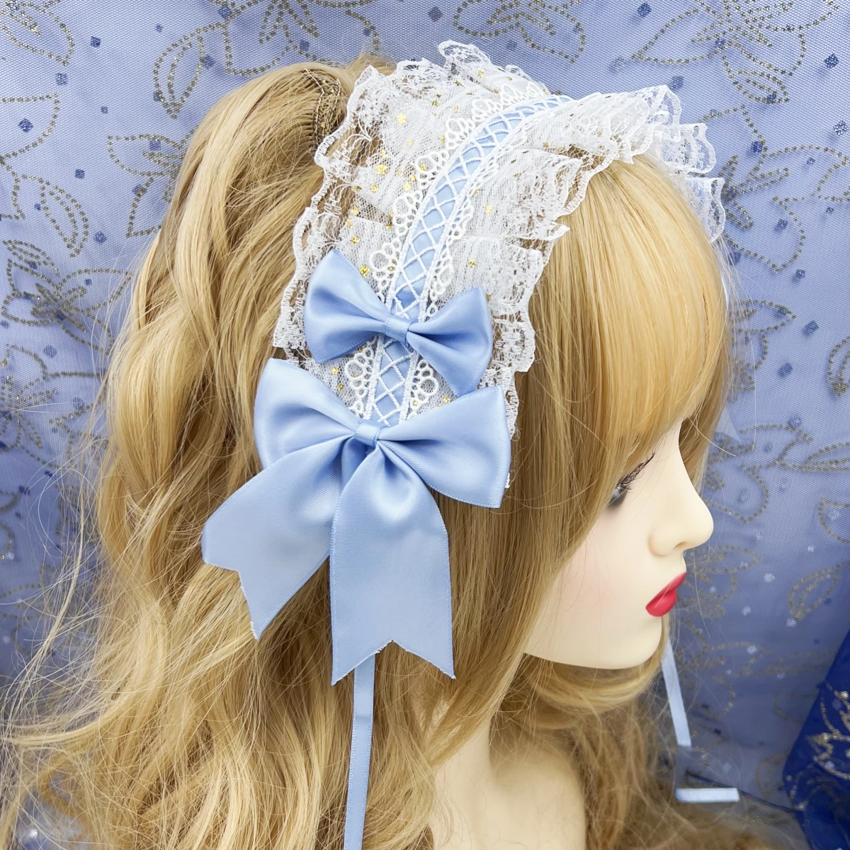 Sweet Star Embroidery Lace Ribbon Lolita Ruffled Headband Bow Hairband with Hairpins Anime Maid Cosplay Headdress