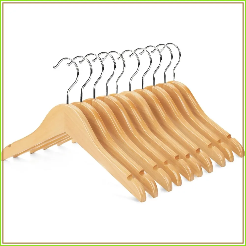 

Wooden Shirt Coat Hangers with Notches and Anti-Rust Chrome Hook, Pack of 10, Natural