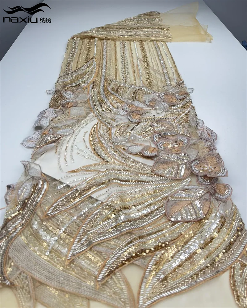 

Madison High Quality Lace 3D Embroidery Beaded Mesh Fabric Latest African Sequins Lace Fabric 5 Yards For Wedding Party Dress