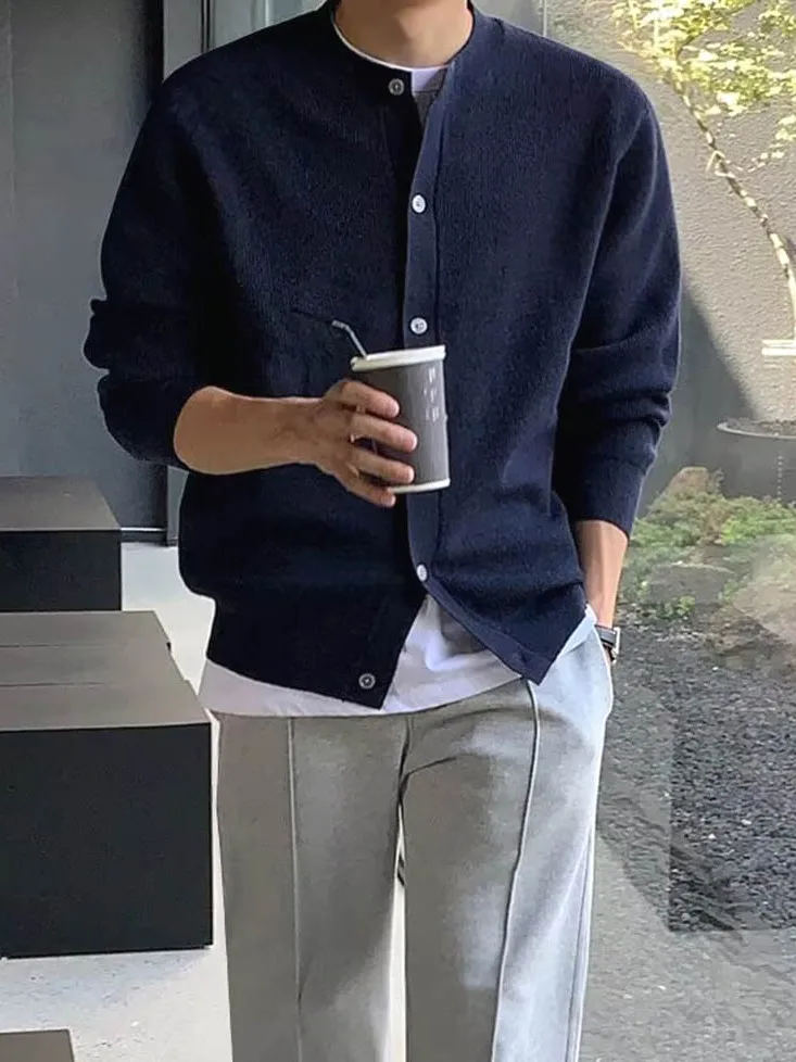 Korean Style Knitted Core-Spun Yarn Slim Fit round Neck Cardigan Men's Casual Workwear Jacket Single Button Leisure Sweater