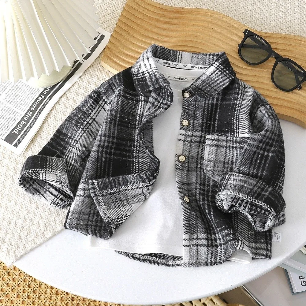Long Sleeve Long Sleeve Shirt Contrast Color Lapel Collar Button Down Jacket Plaid Pattern Vintage Style Plaid Shacket For Girls