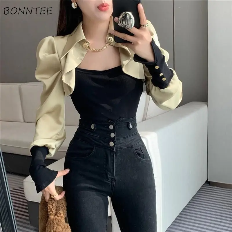 Shirts Women Patchwork Design Slim Casual Tops Long Puff Sleeve Temper Stylish All-match Blouse Mujer Seductive Personality New