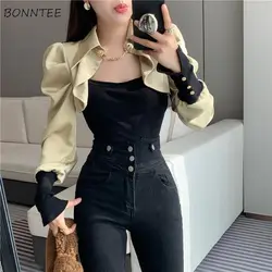 Shirts Women Patchwork Design Slim Casual Tops Long Puff Sleeve Temper Stylish All-match Blouse Mujer Seductive Personality New