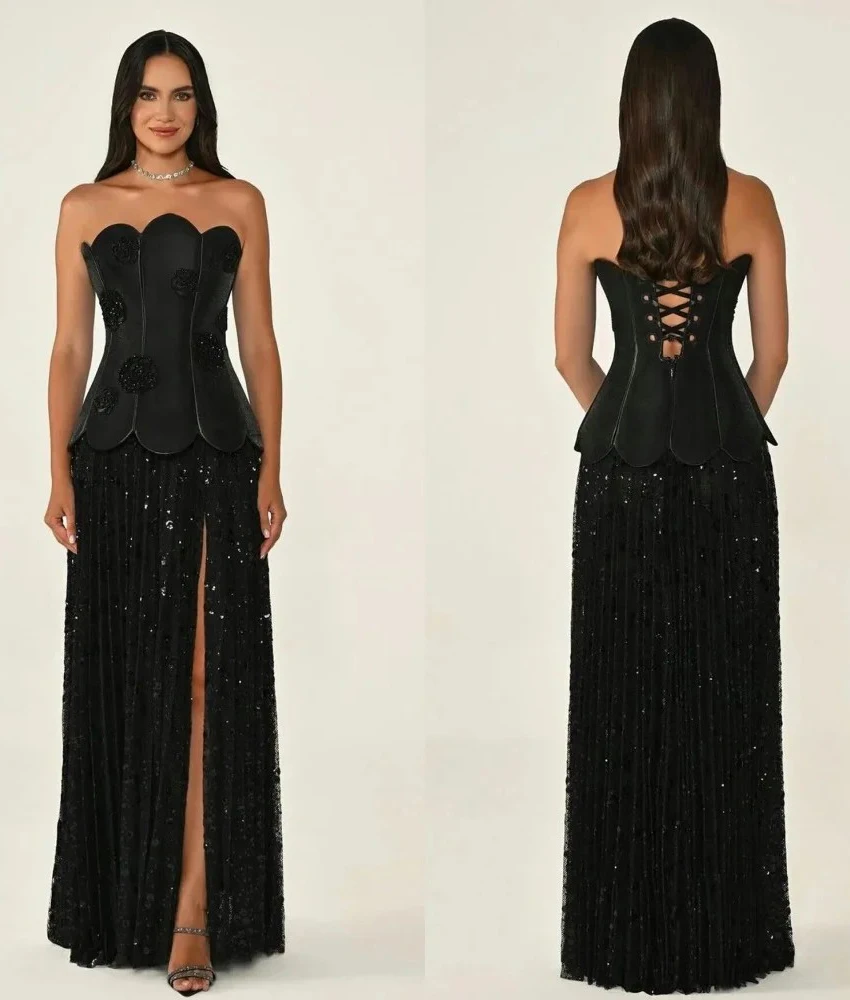 

Lzhk Customized Temperament Sequined Beading Flowers A-Line Evening Dress Graceful Strapless Sleeveless Floor Length Party Gowns