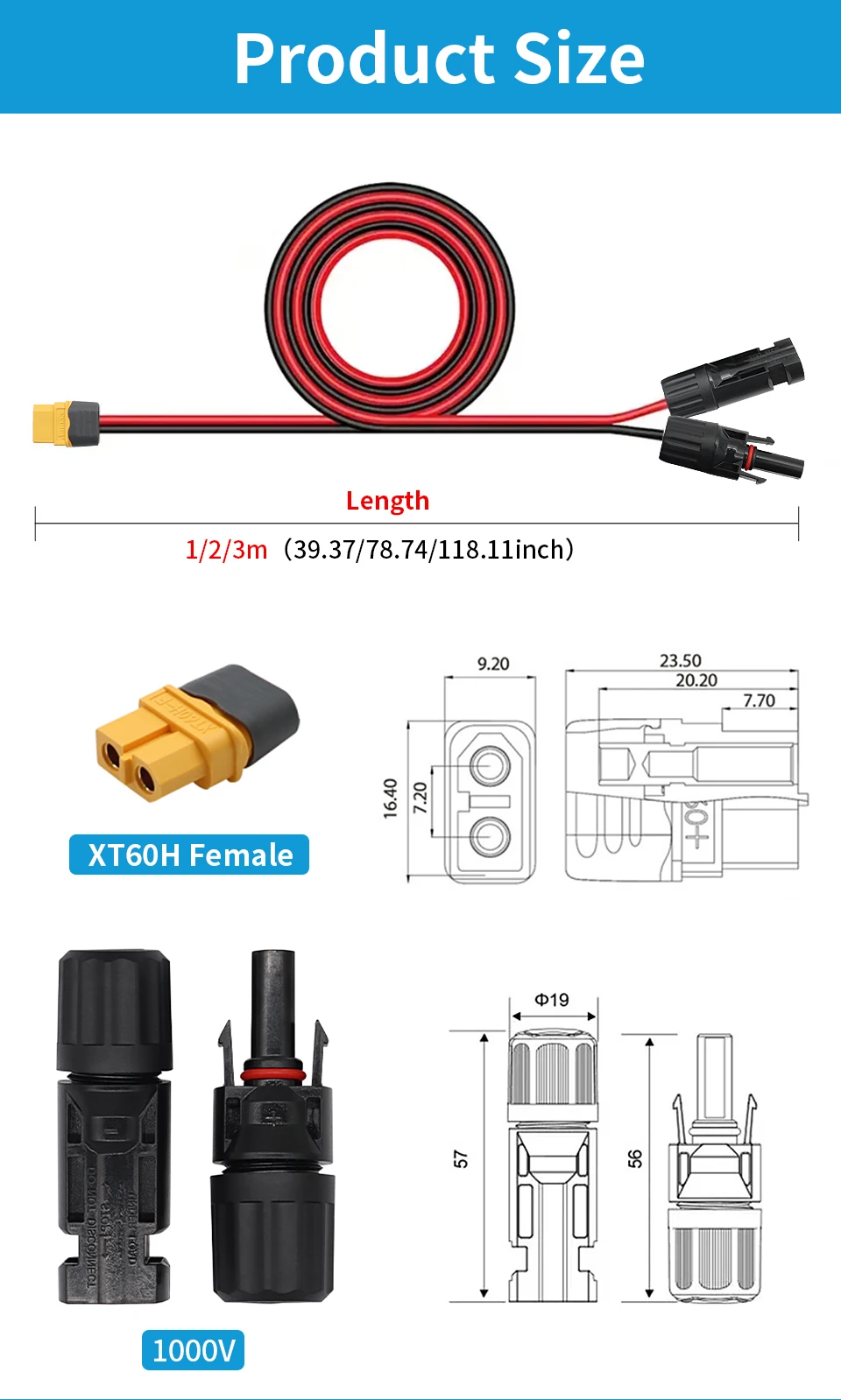 OMCH 12AWG 1/2/3m Solarkabel XT60 Buchsenadapter auf Solaranschluss-Verlängerungskabel für tragbare Powerstation Solargenerator – Detail 4