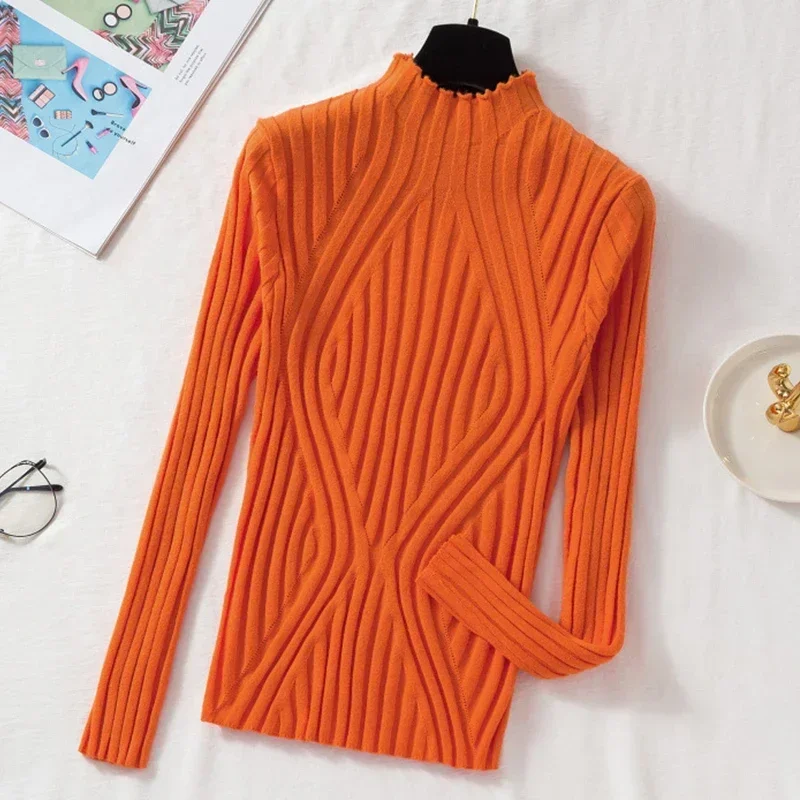 Knitted Pullover Sweater Women 2023 Half Turtleneck Jumper Sweater Autumn Winter Solid Slim Chic Streetwear Long Sleeve Top Y2K