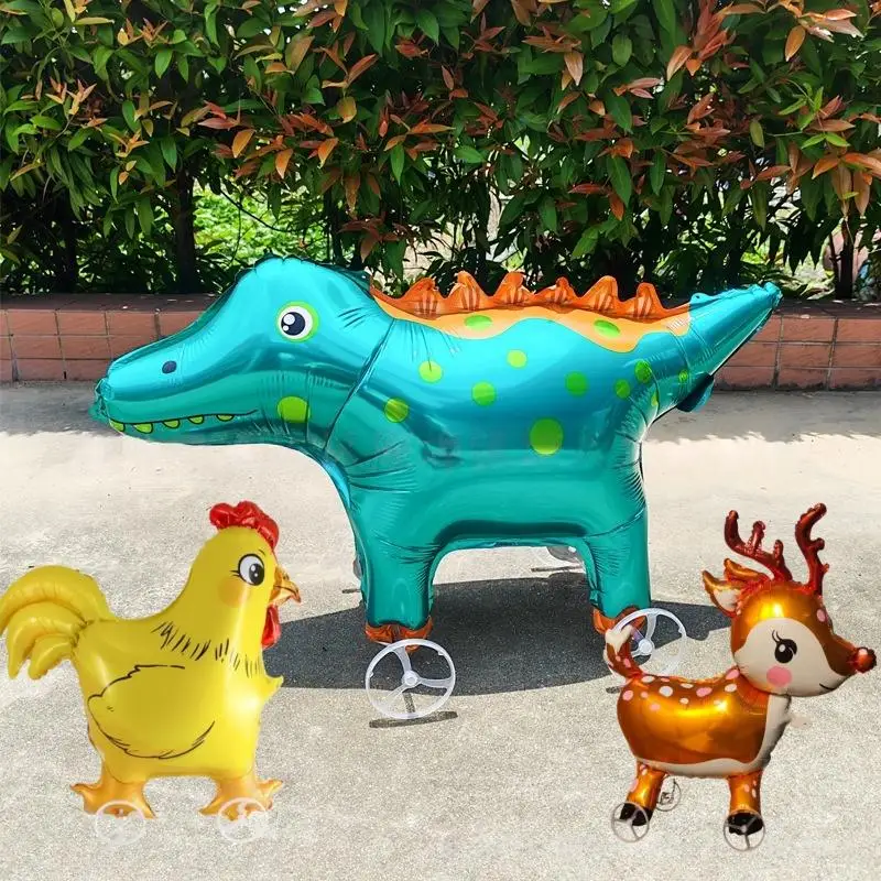 1/3Pcs Sika Deer Lion Triceratops Crocodile Rooster Walking Animal Balloons Large Animal Balloon With Wheels For Kids Toys