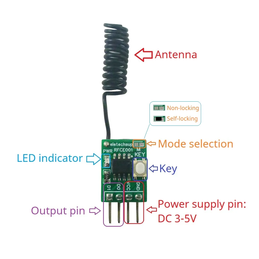 Mini 433Mhz RF Receiver Decoding Module EV1527 PT2262 Fixed Learning Code 32 Keys Storage ASK OOK 2CH 3.3V-5V w/ 2 Button Remote