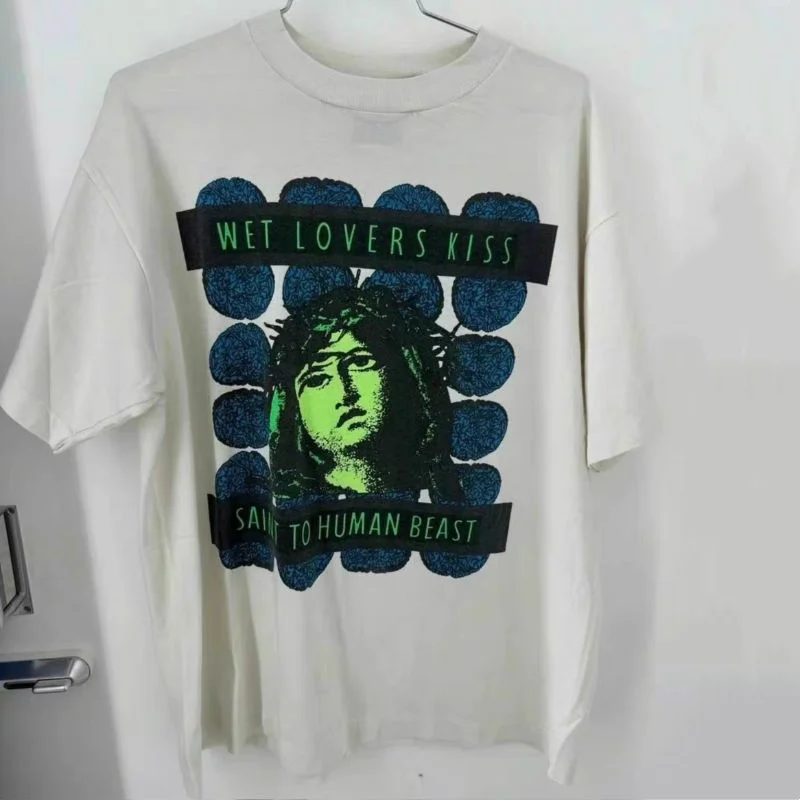 Vintage Distressed White Breathable Cotton Summer Saint Tshirts Thorn Portrait Kiss Round Neck Short Sleeve Men Women Top Tees