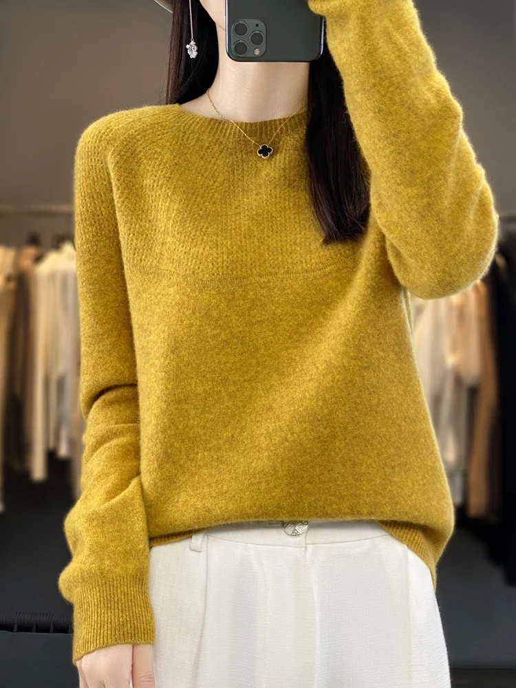 100% Merino Wool Sweater Women Autumn Winter Pullovers O-Neck Hollow Long Sleeves Cashmere Knitwear Female Basic Bottoming Shirt