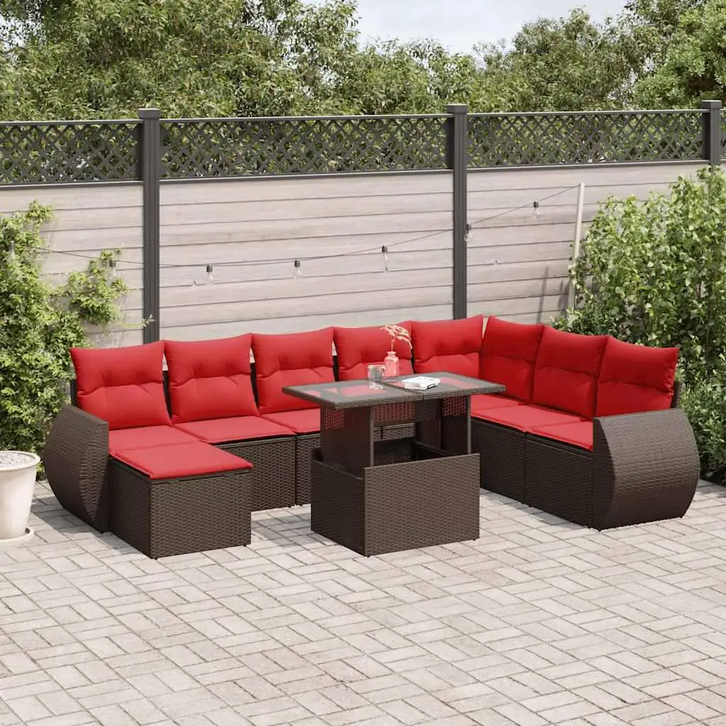 

Stylish 9 Piece Outdoor Patio Sofa Set with Cushions Durable Brown Poly Rattan Furniture