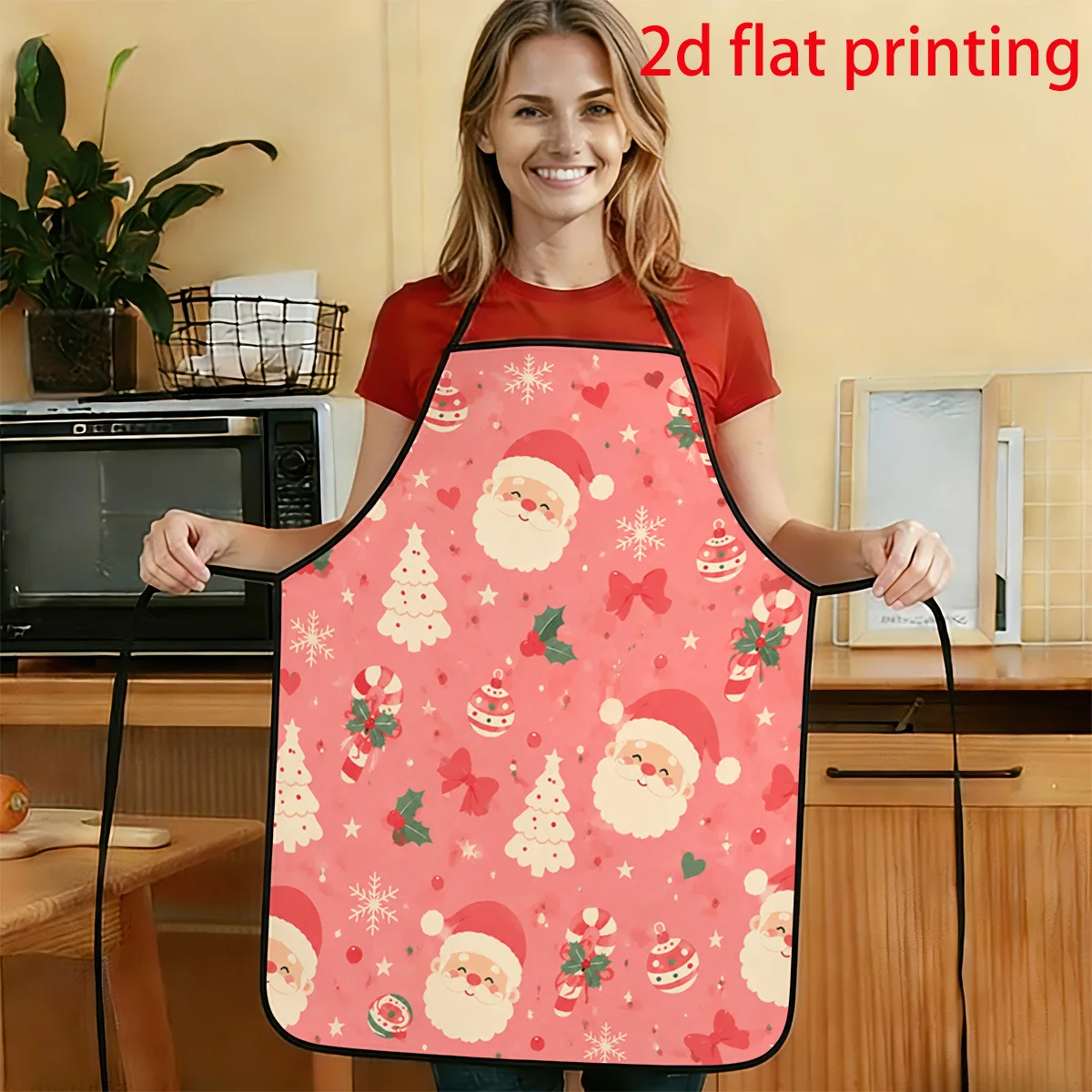 1pc 2D Flat Cartoon Style Santa Claus Christmas Tree Candy Cane Pattern Printed Apron Durable And Easy To Clean Adjustable Waist