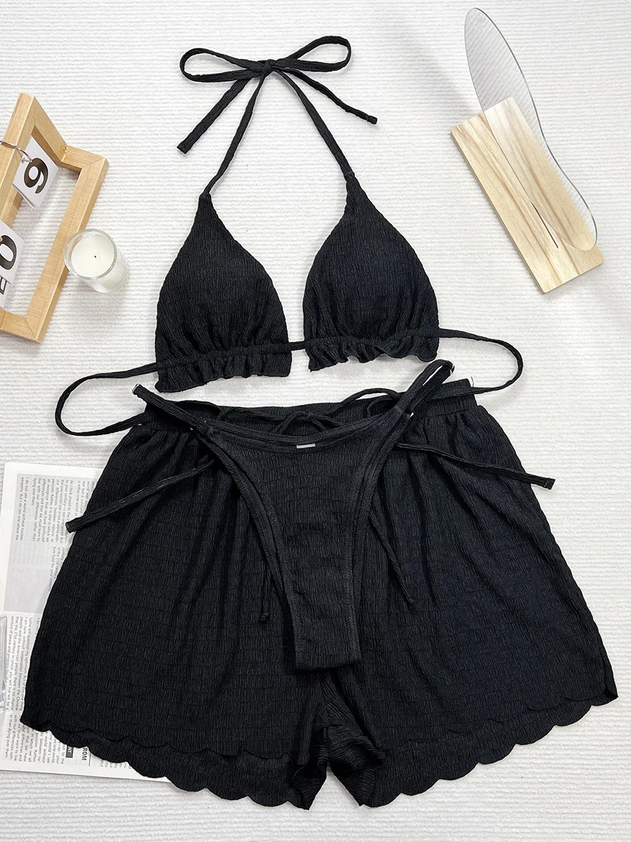 

Женский купальник с рюшами и лямкой на шее, женский купальник, комплект бикини из трех частей с шортами, купальный костюм, купальный костюм для леди