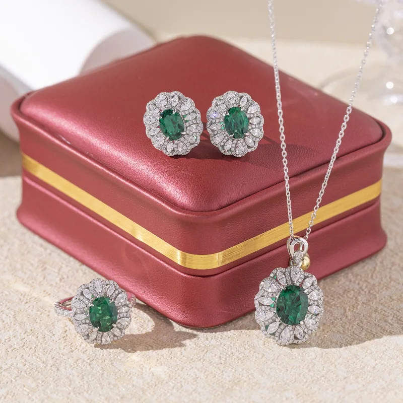 Apaison 925 Sterling Sliver Cultivate Emerald Necklaces Pendants Stud Earrings Rings For Women Bridal Sets Wedding Jewelry