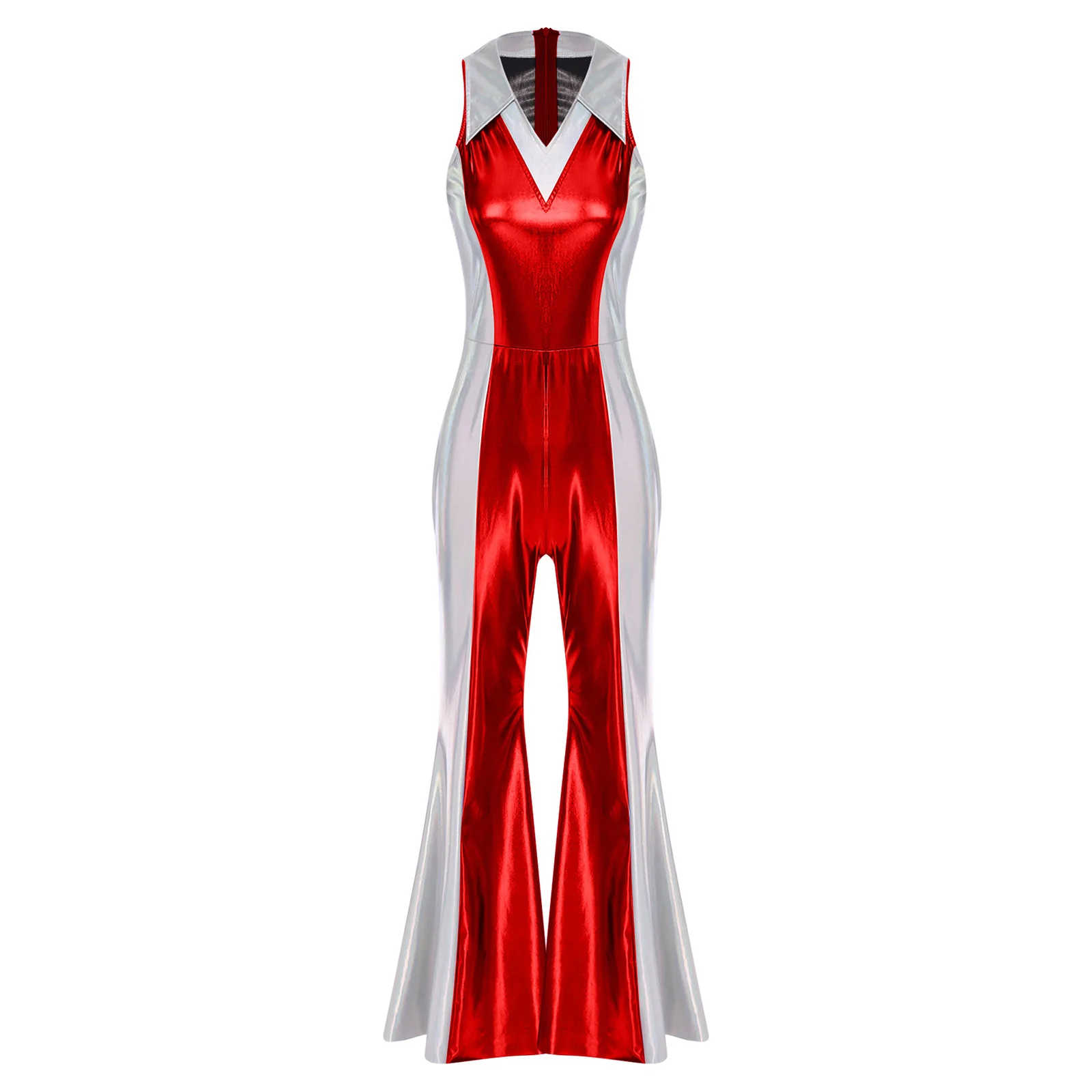Women's Jumpsuit Party Rompers Flares Metallic 70s 80s Disco Hippie Costume Streetwear Outfit Shiny Flared Long Pants Clubwear