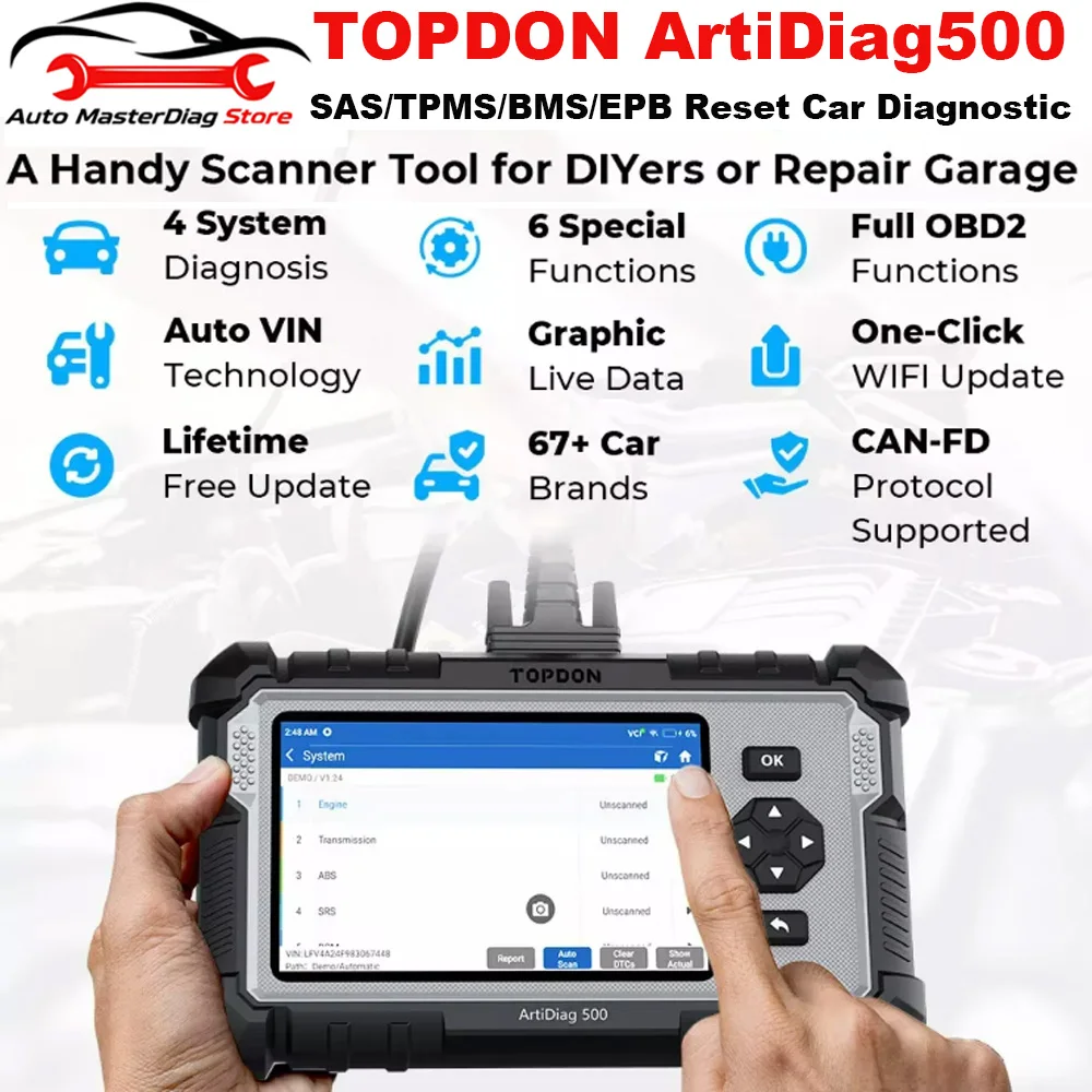 Topdon ArtiDiag500 Car Diagnostic Tool Full Systems OBD2 Scanner Engine Diagnostic ABS SRS Transmission Scan Tool Code Reader