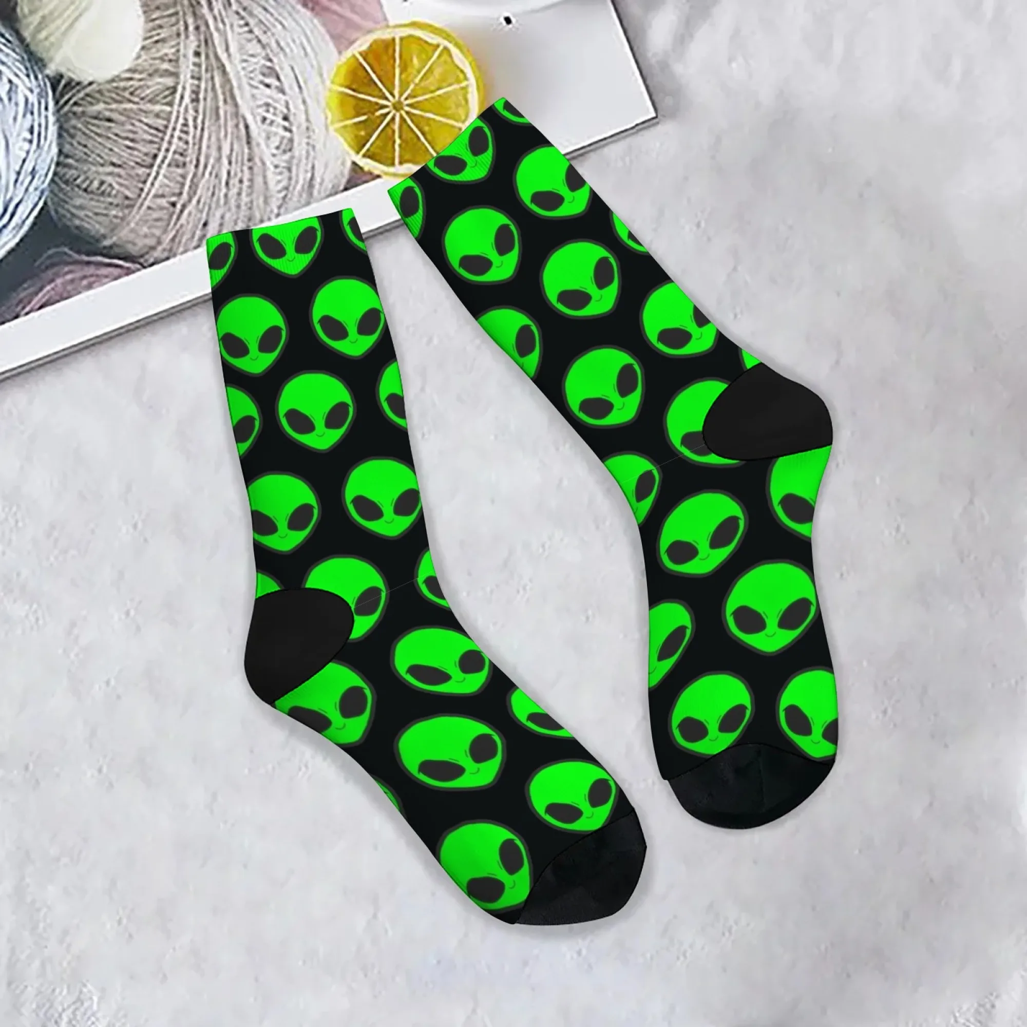 

Funny Green Alien Faces Men Socks Black & Neon Green Costume Party Socks for Party Outfits Casual Novelty Gift Comfortable