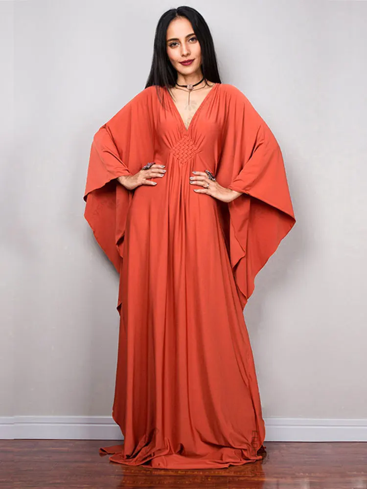 2023 Solid V-neck Batwing Sleeve Plus Size Kaftan Loose Maxi Dresses Women Summer Beachwear Bathing Robe Soft House Dress N1306