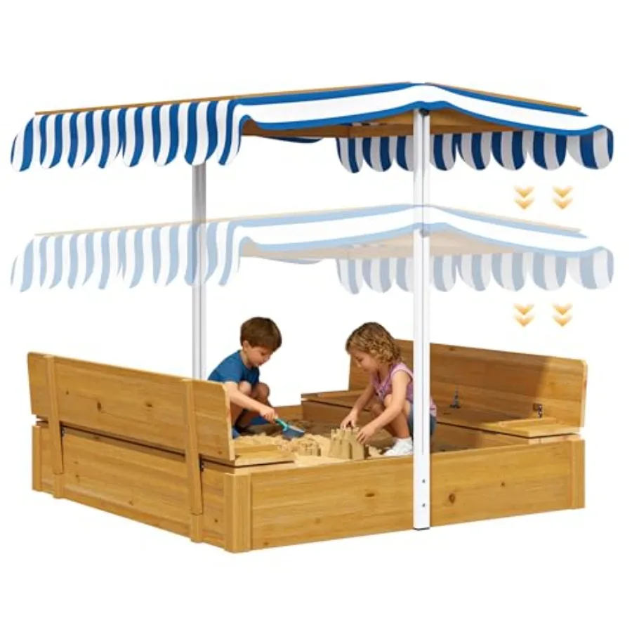 

Backyard and indoor playground sandbox with oak wood construction natural oak color adjustable canopy lid bottom liner and buil