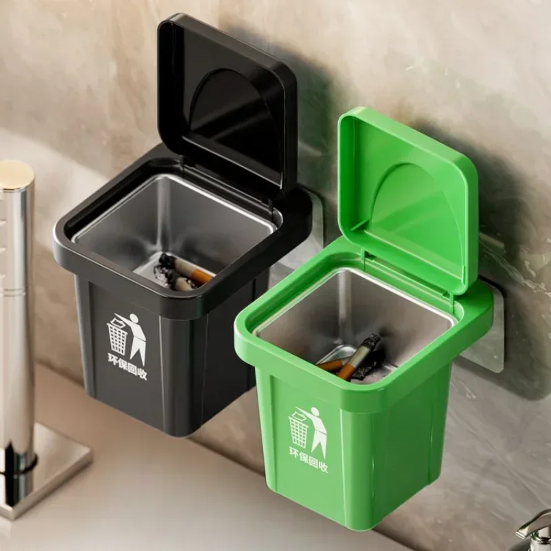 Trash can ashtray with lid, stainless steel ashtray, bathroom wall hanging, notch anti-fly ash ashtray