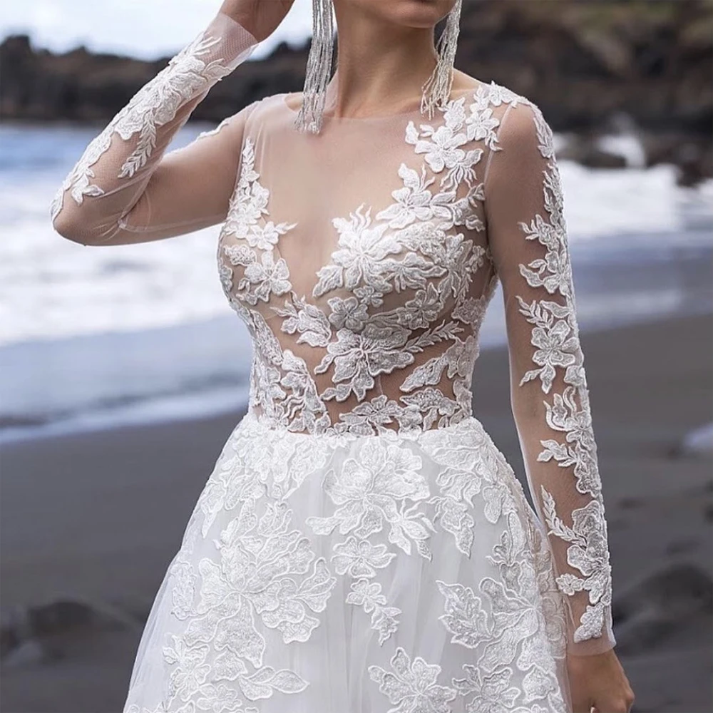 Vestidos De novia De gasa con estampado De flores para mujer, traje Sexy De lujo con dobladillo, manga larga, personalizado, 2024