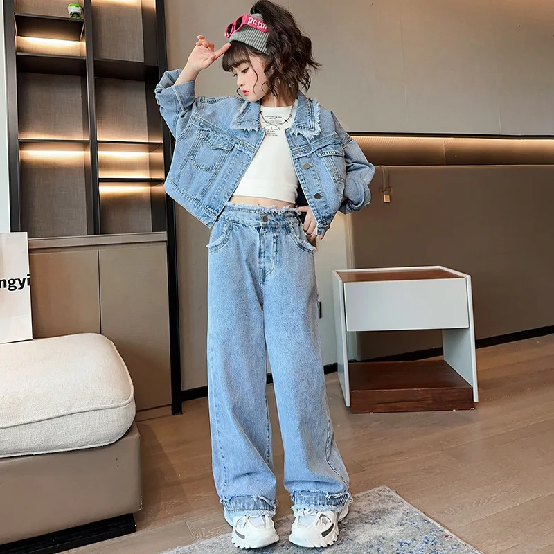 

Baby Girl Clothes Suit Spring and Autumn Denim Set 2024 New Fashion Fashion Big Spring and Autumn Wide Leg Pants Two-piece Set