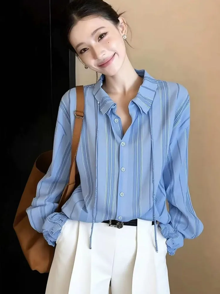 Fashion Elegant Blouses Long Sleeve Lace-up Striped Contrast Color Casual Shirts Spring Autumn New Tops All Match Women Clothing