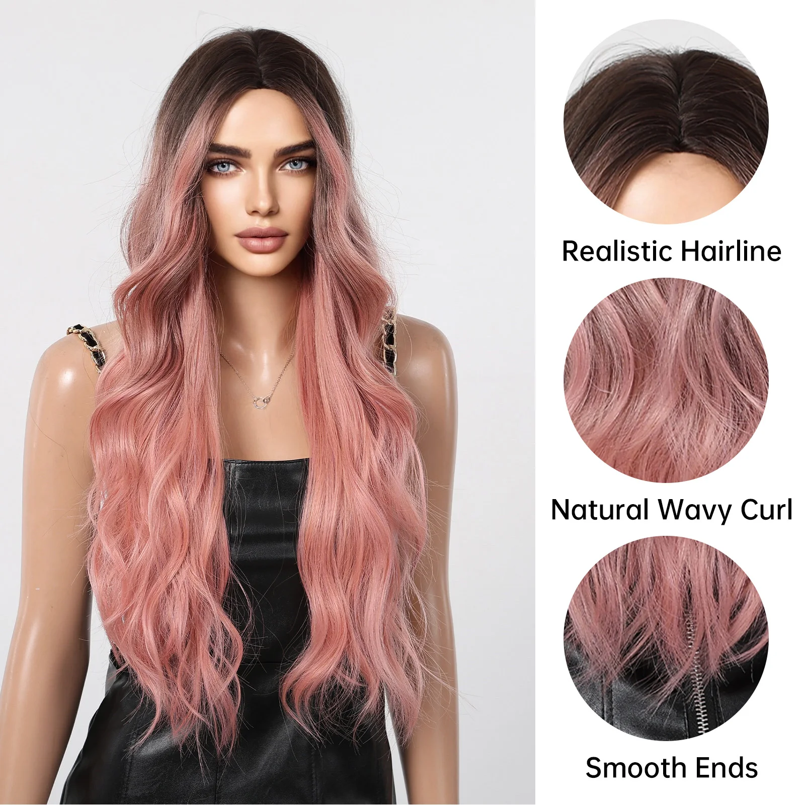 Cheap Ombre Pink Synthetic Cosplay Wigs Long Body Wavy Hair Wigs Daily Party Lolita Halloween Hair Wig for Women Heat Resistant