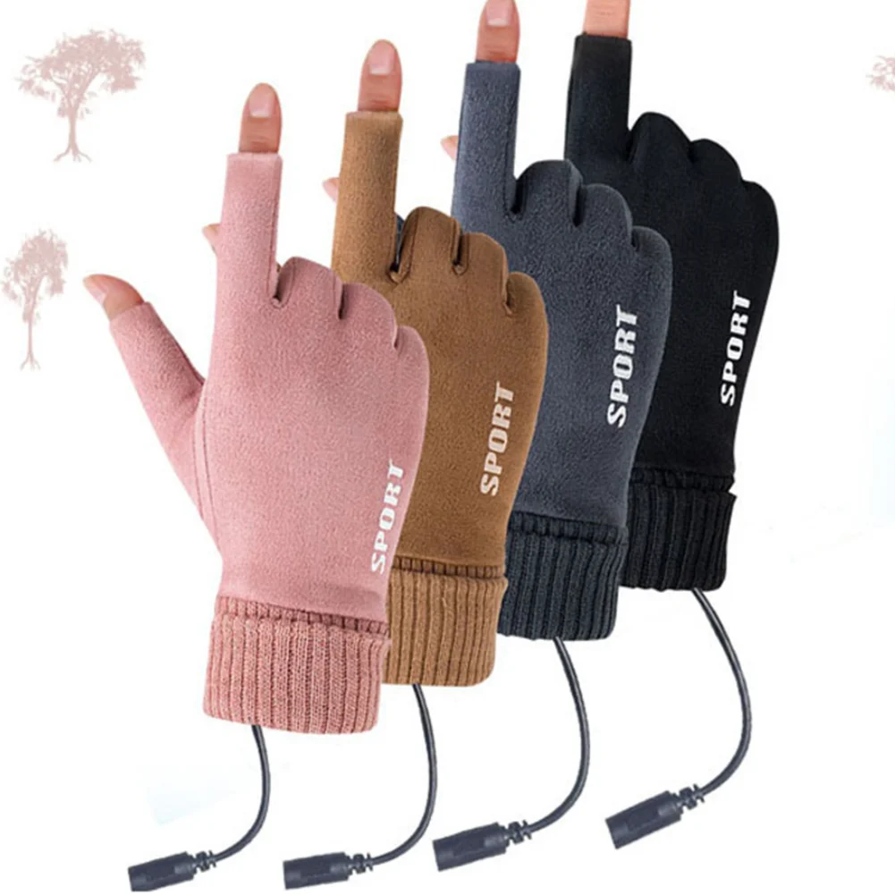 Electric Heated Hand Warmer Non-Slip USB Heated Motorcycle Gloves Touch Screen 2 Finger Heated Gloves for Women Men Cycling Runn