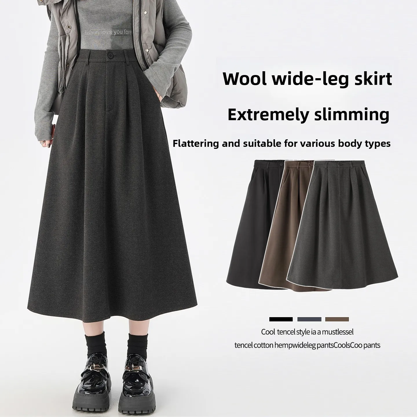 Gray Woolen A-Line Midi Skirt Women's Autumn Winter New High Waist Pleated Cover Hip Elegant Umbrella Skirt Korean Style