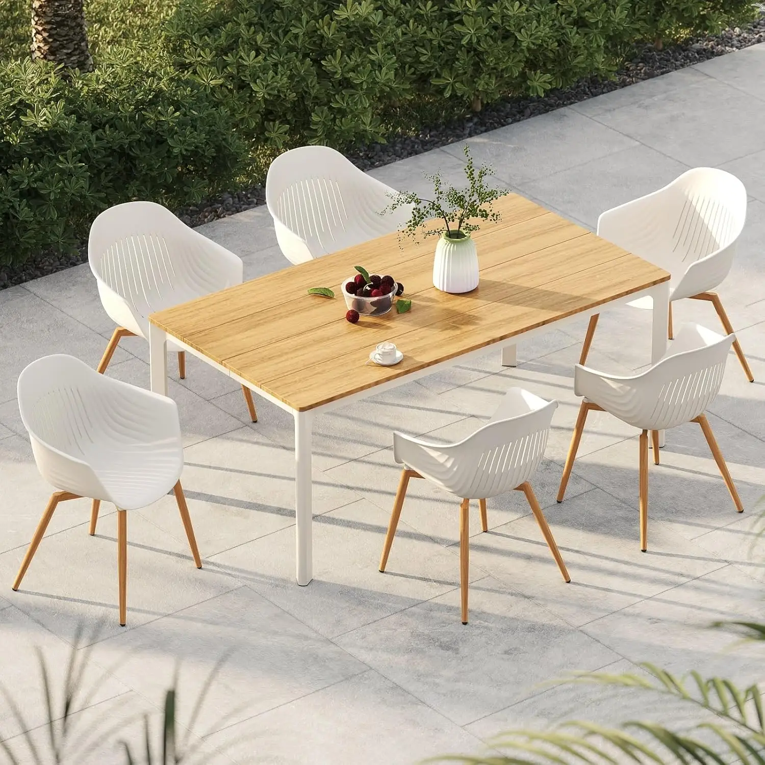 7-Piece Outdoor Dining Set with 6 Outdoor Modern Recycled Plastic Dining Chairs Rust Free Frame, Woodgrain Legs, Whale Modeling