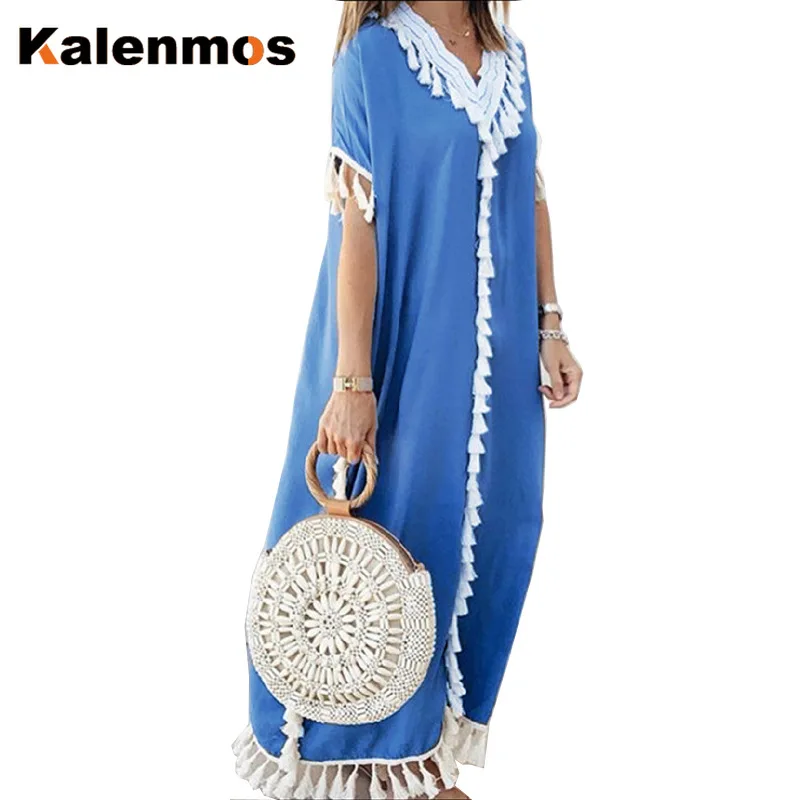 Dubai Turkey Muslim Caftan Abaya Dress Women Boho Summer Tassel Moroccan Kaftan Sundress Islamic Clothing Casual Loose Musulman