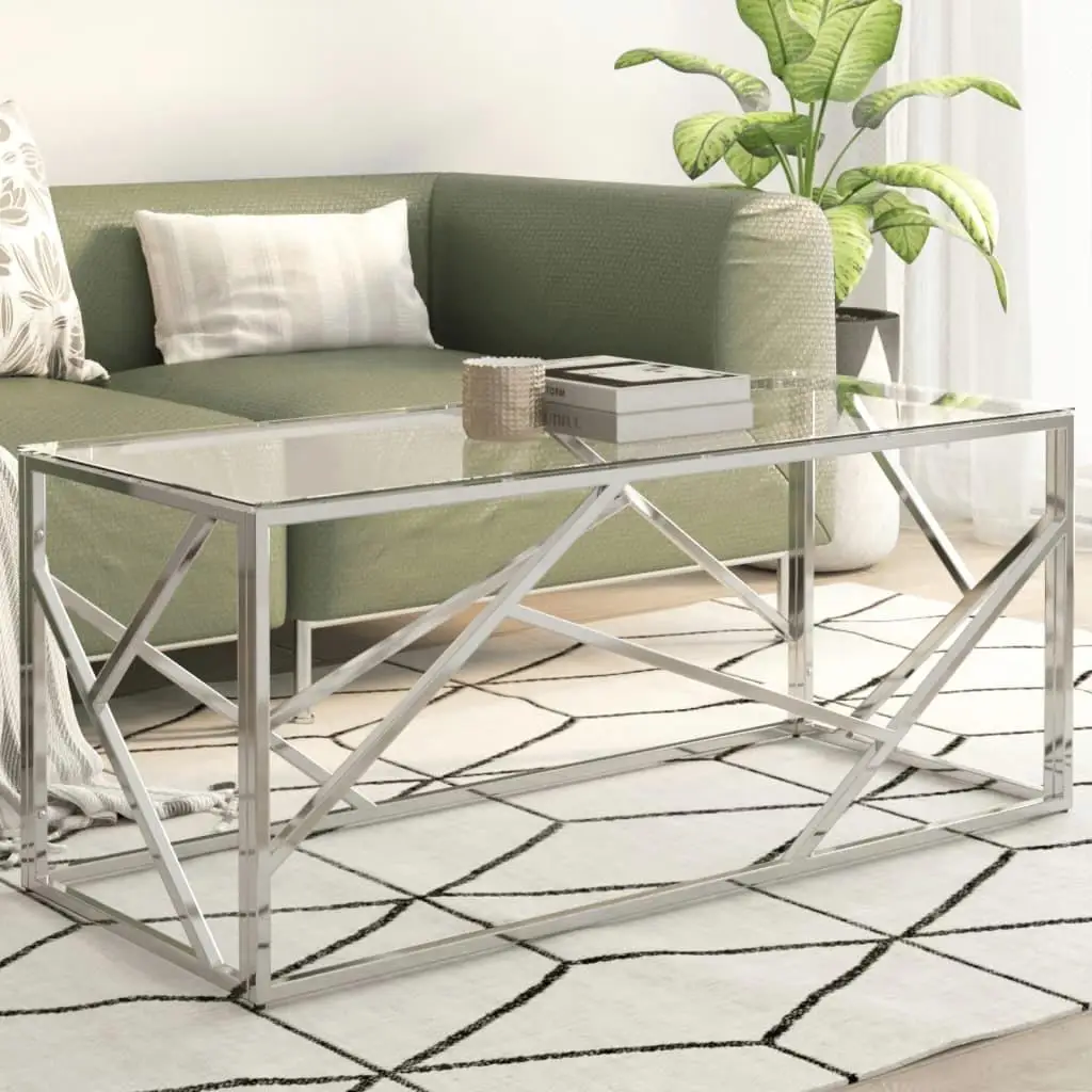 Modern Silver Stainless Steel Coffee Table with Tempered Glass Top - Stylish and Durable Design