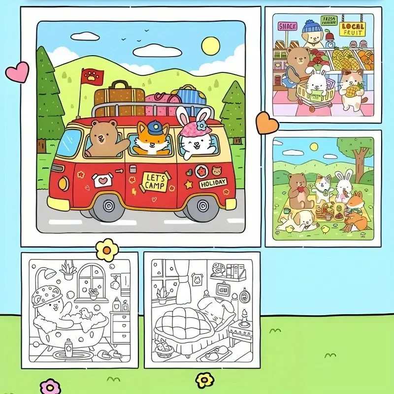 قطعة واحدة من كتاب تلوين الأصدقاء الغامض للبالغين والمراهقين، تتميز بحيوانات لطيفة في مشاهد رطبة للعرض، مثالية للاسترخاء