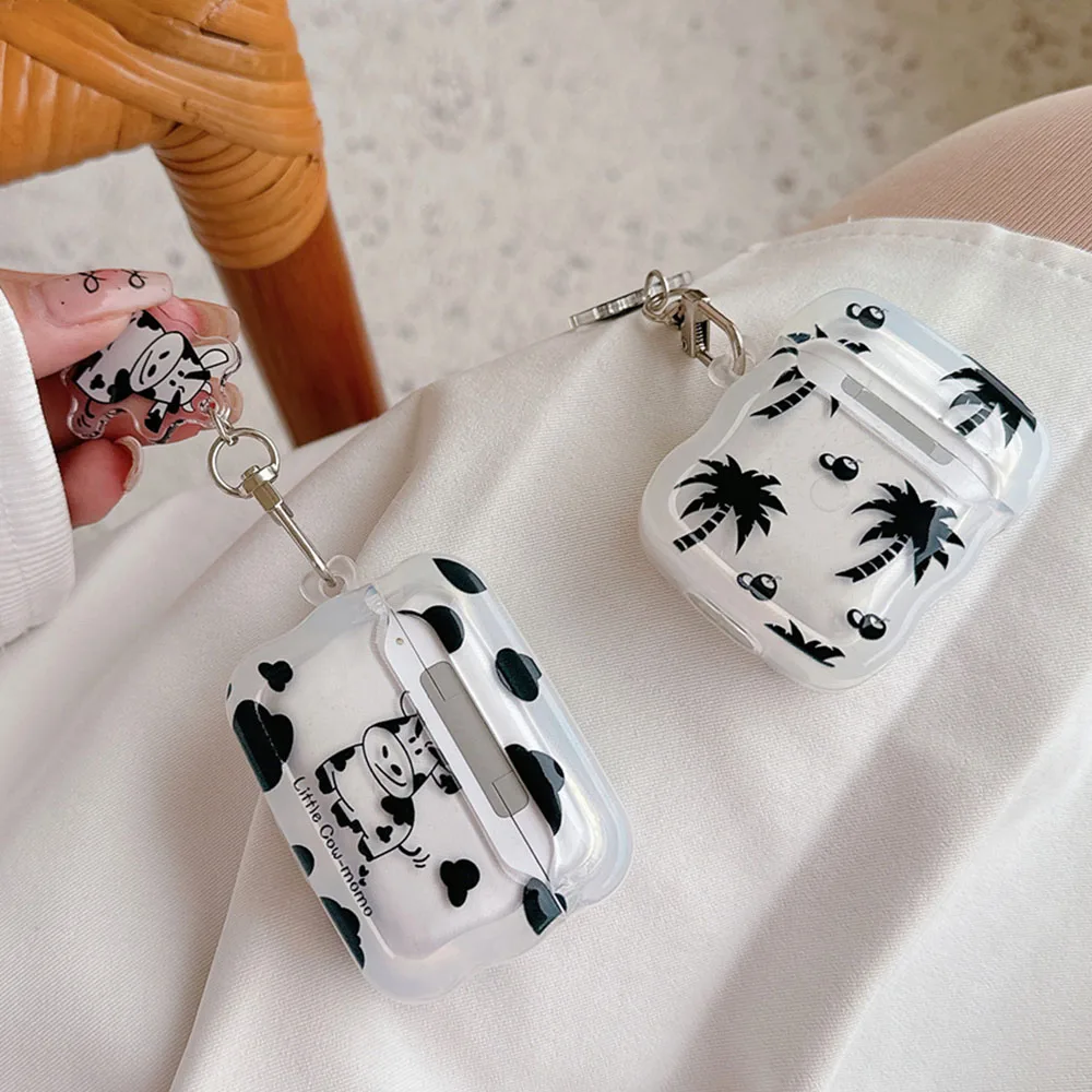 สีดํามะพร้าวต้นไม้รูปแบบวัวสําหรับ Apple Airpods 3 Pro 2 1 หูฟังบลูทูธฝาครอบอุปกรณ์ป้องกันพร้อมพวงกุญแจ