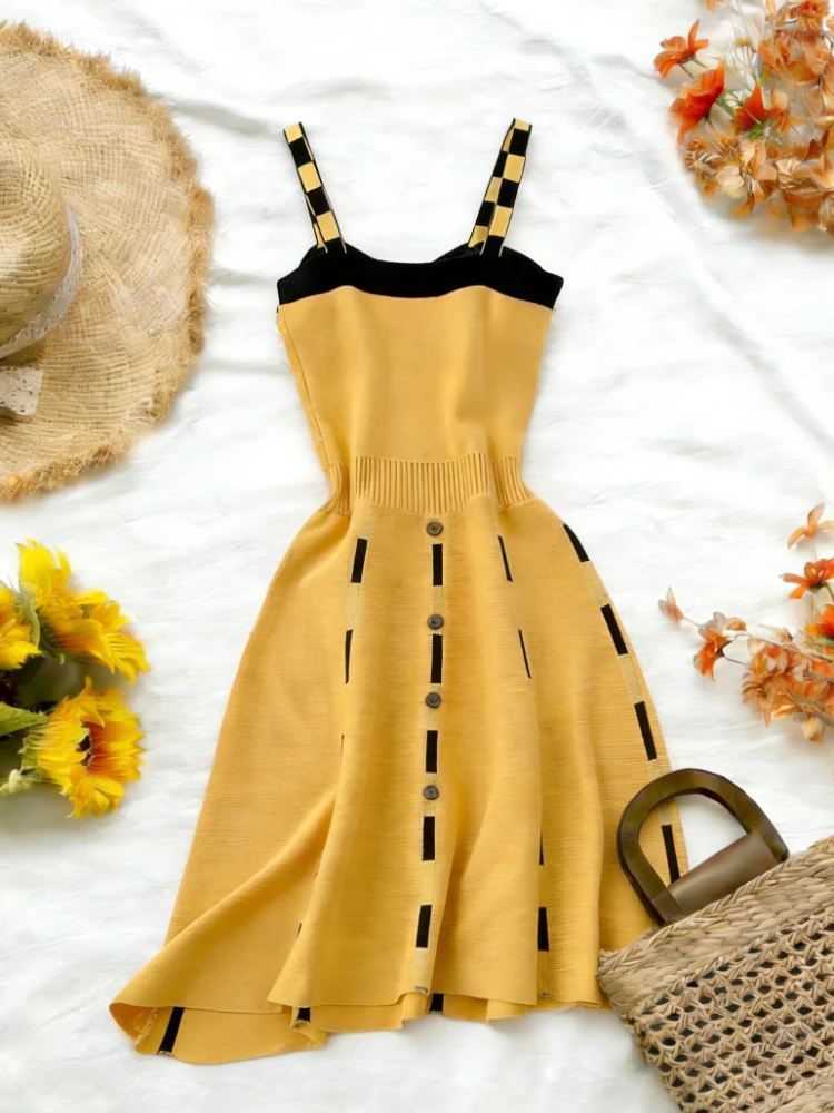 Women's V-Neck Knitted Midi Dress Contrast Strap Button Front A-Line Skater Dress Casual Summer Daily Party Wear Sweater Dress - view 3