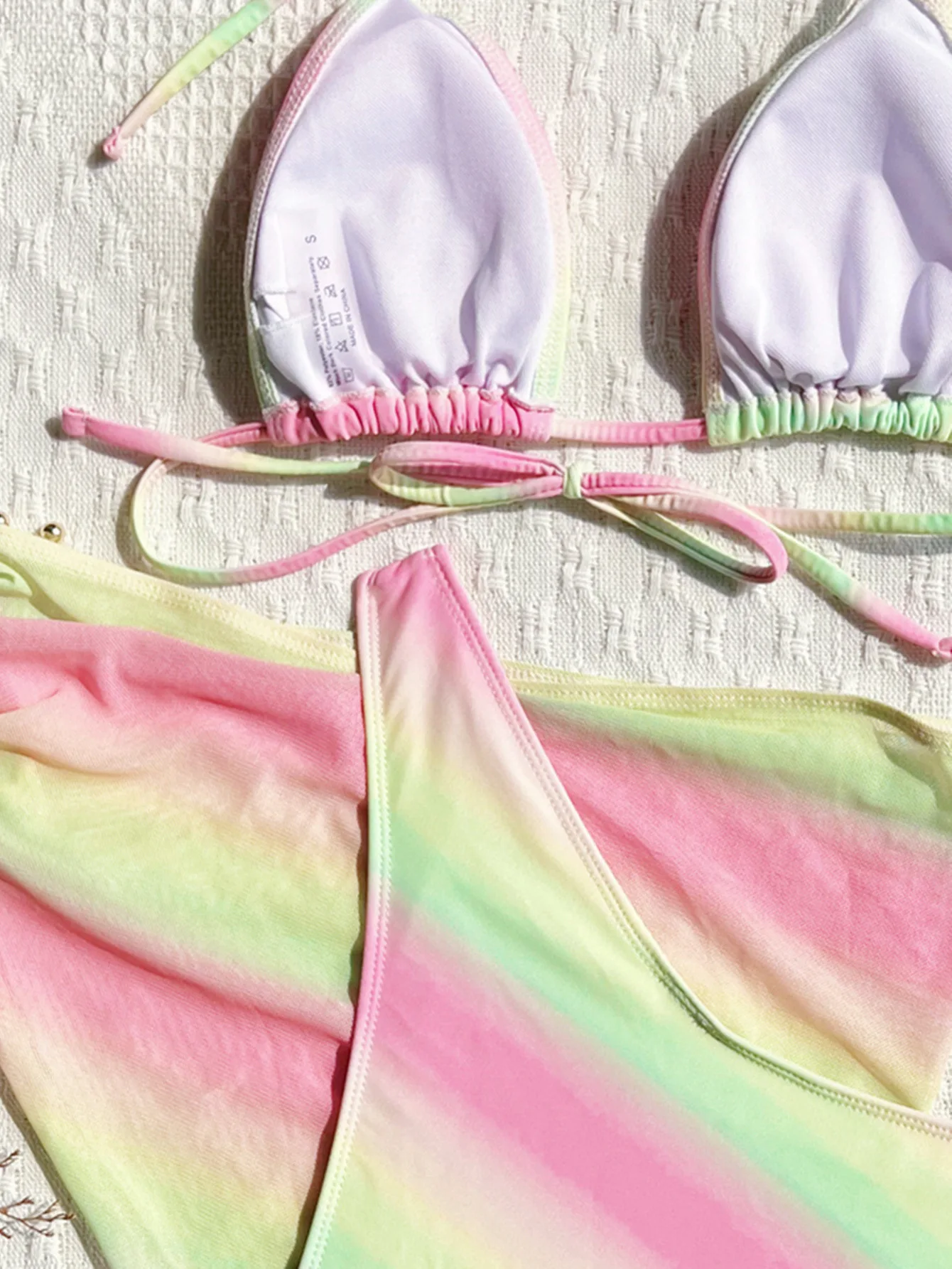 sexy gradient rainbow print micro bikinis sets 3pcs with irregular mesh skirt beach outfits swimwear swimsuit bathing suit