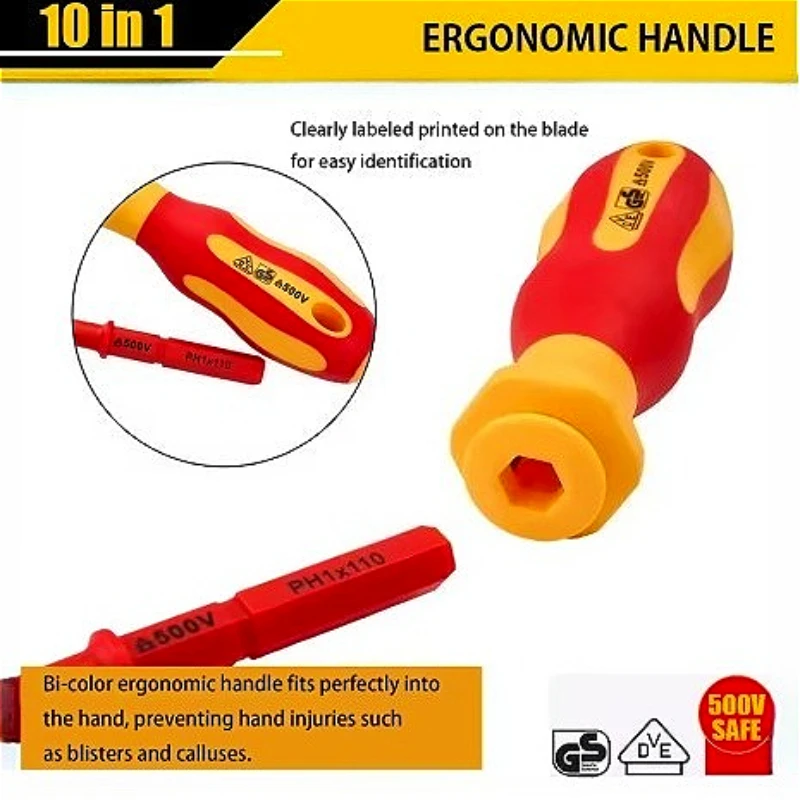 Interchangeable Blade VDE Insulated Screwdriver Set with Case,Magnetic,500V,Home and Professional Use, Electricians Tools, 10Pcs