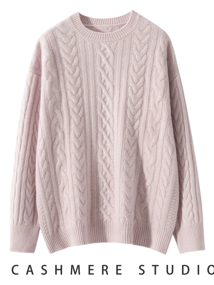 

100% Cashmere Knitwear Korean Style Women's Pullover Twist Flower O-Neck Cashmere Sweater Autumn Winter Casual Loose Thick Tops