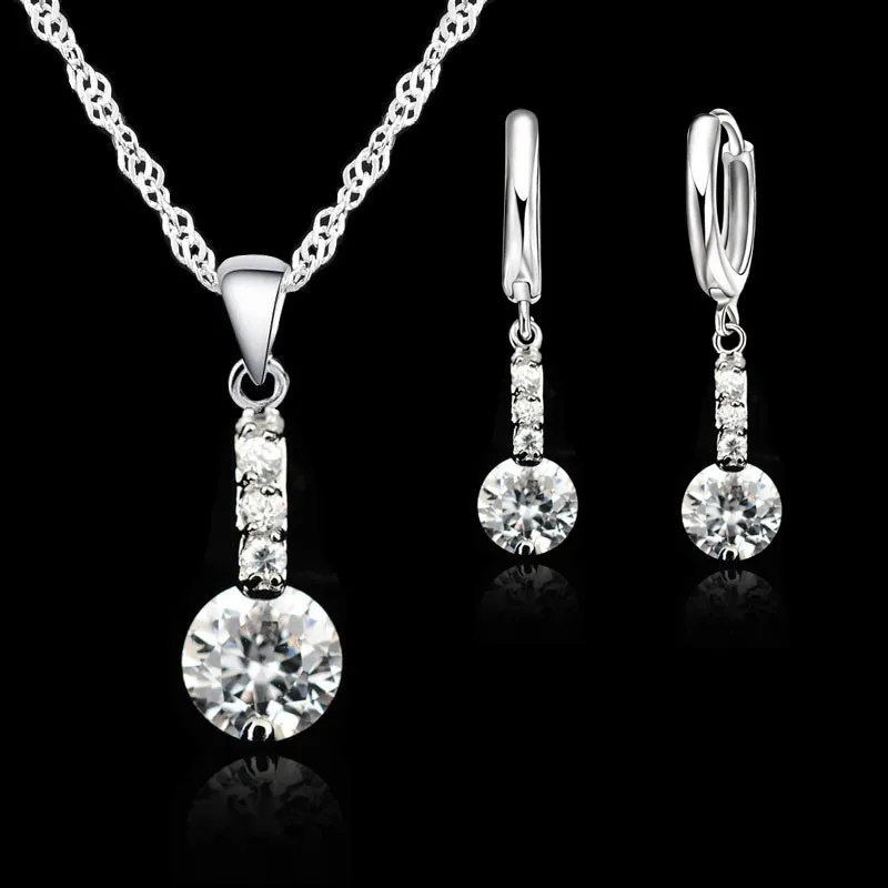 

Elegant 925 Sterling Silver Crystal Pendant Necklace Earrings Sets Fine Bridal Wedding Jewelry Sets Best Gift For Women