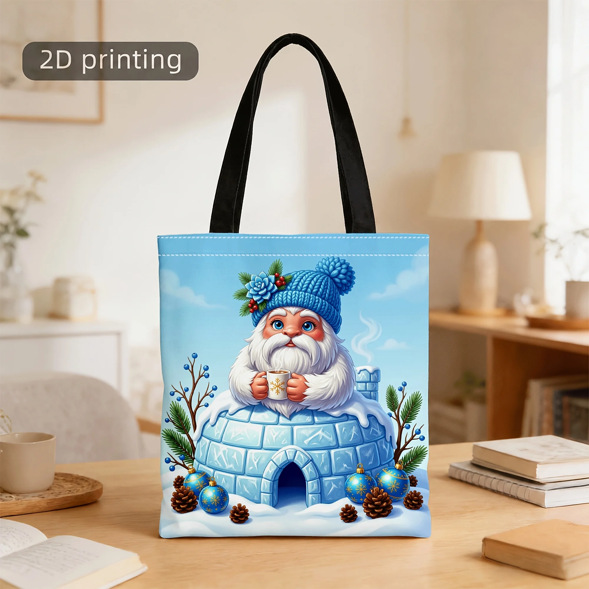Christmas Blue Gnome Igloo Canvas Tote Bag Winter Snow Pine Cone Bauble Print Large Capacity Handbag Reusable Bag Holiday Gift