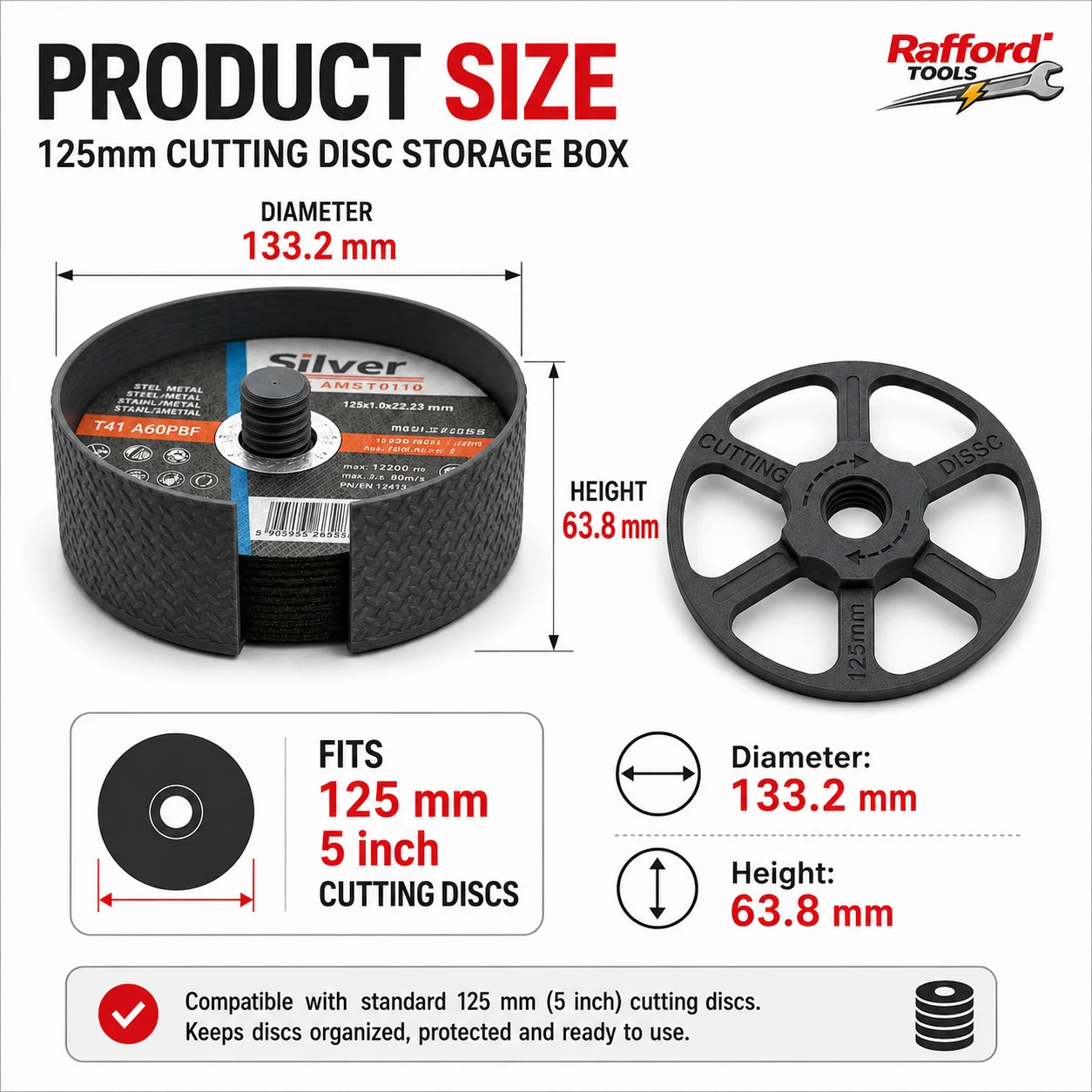 Rafford 125mm Schneidscheiben-Aufbewahrungsbox 5 Zoll Stapelbare Winkelschleifer-Scheibenhalterung mit Schraubverschluss-Deckel Schwarz Grau – Detail 6