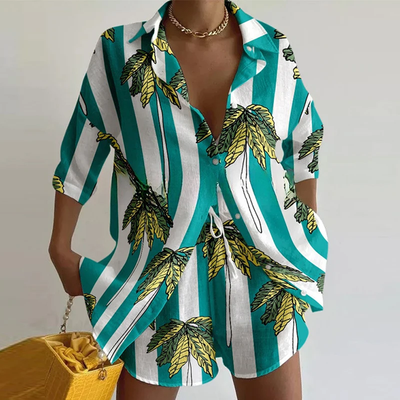 Hawaiian Vacation Pattern Printed 2 Piece Set Ladies Lapel Button Shirt and Shorts Loose Suit Vintage Long Sleeved Beach Outfits