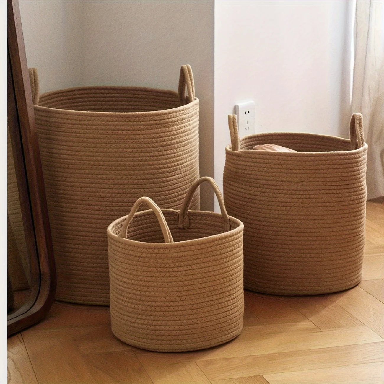 

3pcs Rectangle Jute Laundry Basket, Boho Woven, Fabric, with Handle, for Bathroom, Living Room Storage of Dirty Clothes