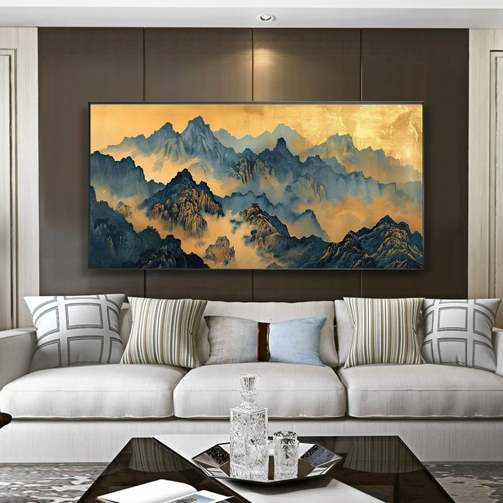 Large-sized Bamboo and Crane Landscape Canvas Painting Japanese Gold Minimalist Canvas Art Prints Full Moon and Birds Wall Art P