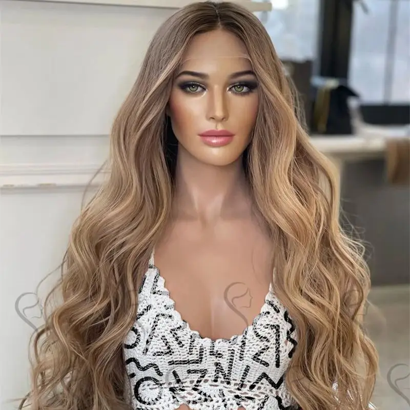 

Высокое качество 13x4 Ombre Коричневый Блондин HD Синтетический Парик Фронта Шнурка Высокой Плотности Женский Парик Для Женщин Повседневная Вечеринка Косплей Использование 28 дюймов