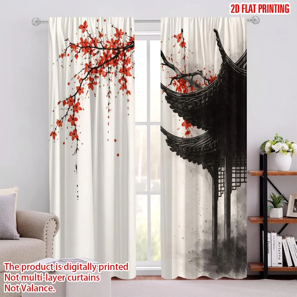 2D flat printing 2pcs Curtain Curtain Cherry Blossoms and Pagoda Digital Printed Polyester Drapes Family Party Perfect for All