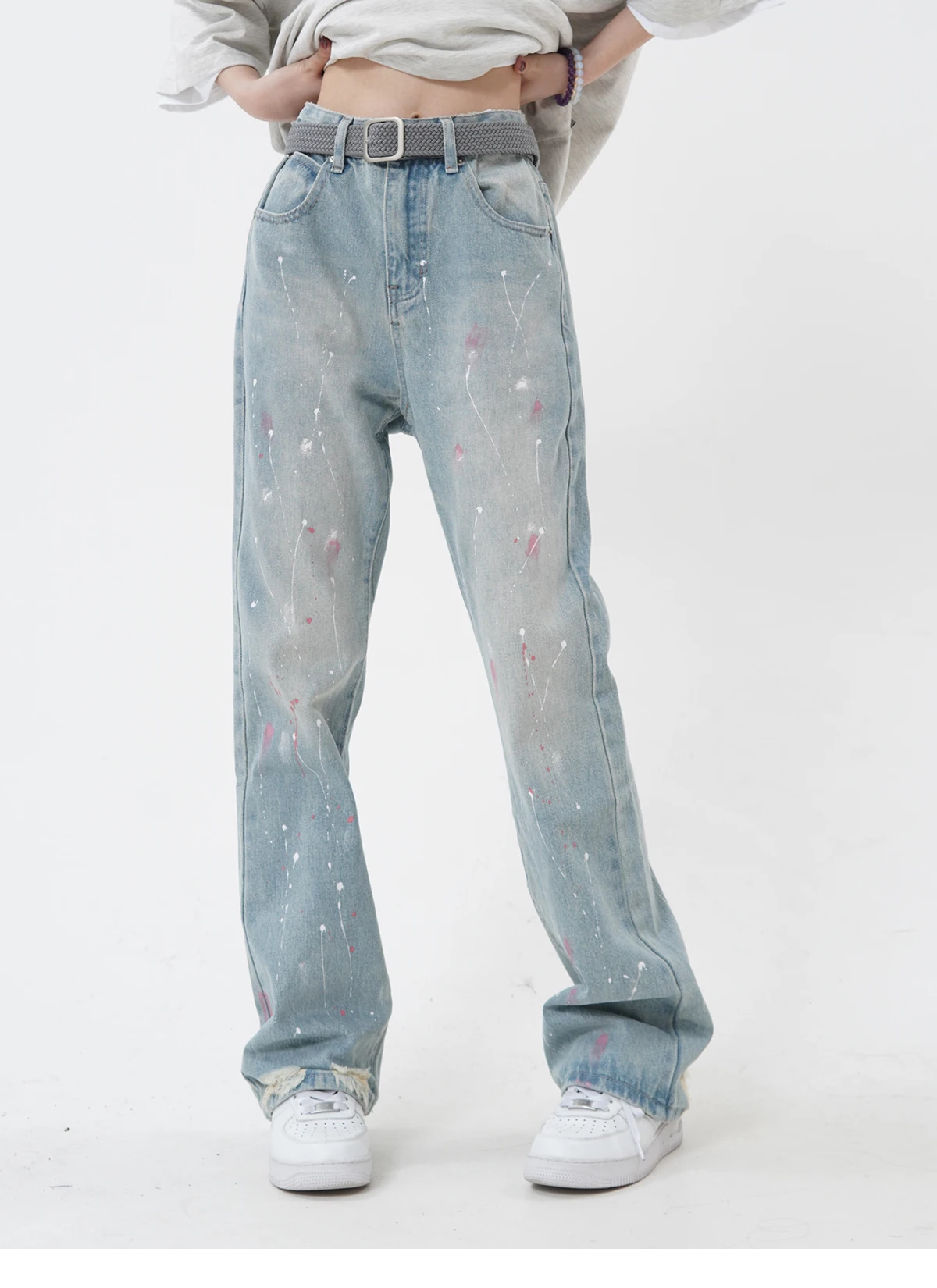 Hoge Kwaliteit Amerikaanse Retro Splashed Inkt Design Hoge Taille Jeans Mannen En Vrouwen High Street Hip-Hop Veelzijdige Rechte Pijpen Broek